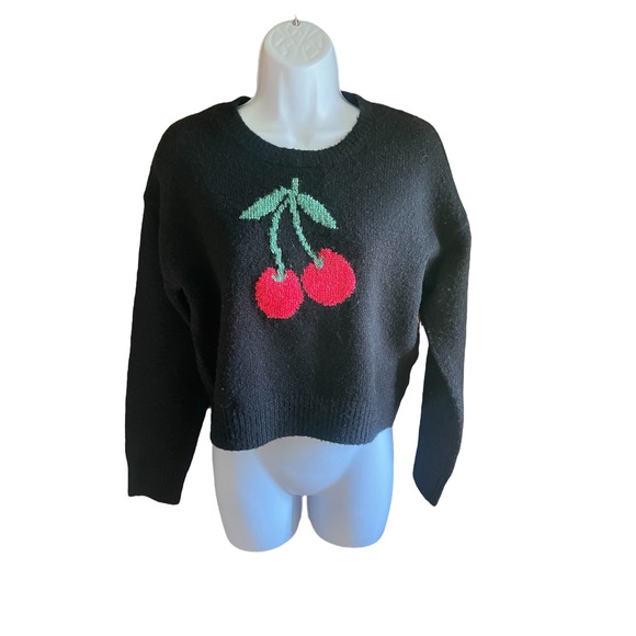 Madden Girl Womens Black Cherry Knit Sweater Pullover Crewneck - Small - Picture 1 of 5